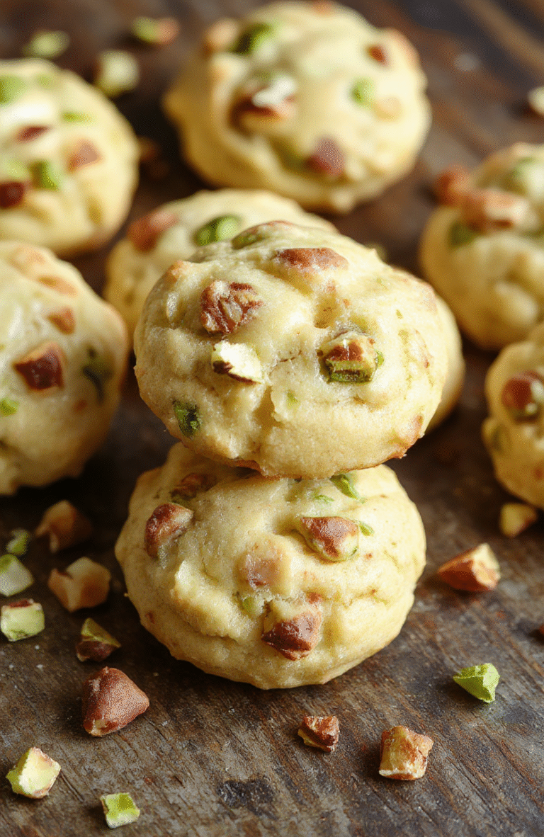 A plate of light green fluffy pistachio cookies with a delicate crumb texture, arranged on a white ceramic plate with a sprig of fresh pistachios and mint leaves, set on a rustic wooden table with soft natural lighting highlighting the cookies' airy appearance and subtle pistachio chunks.