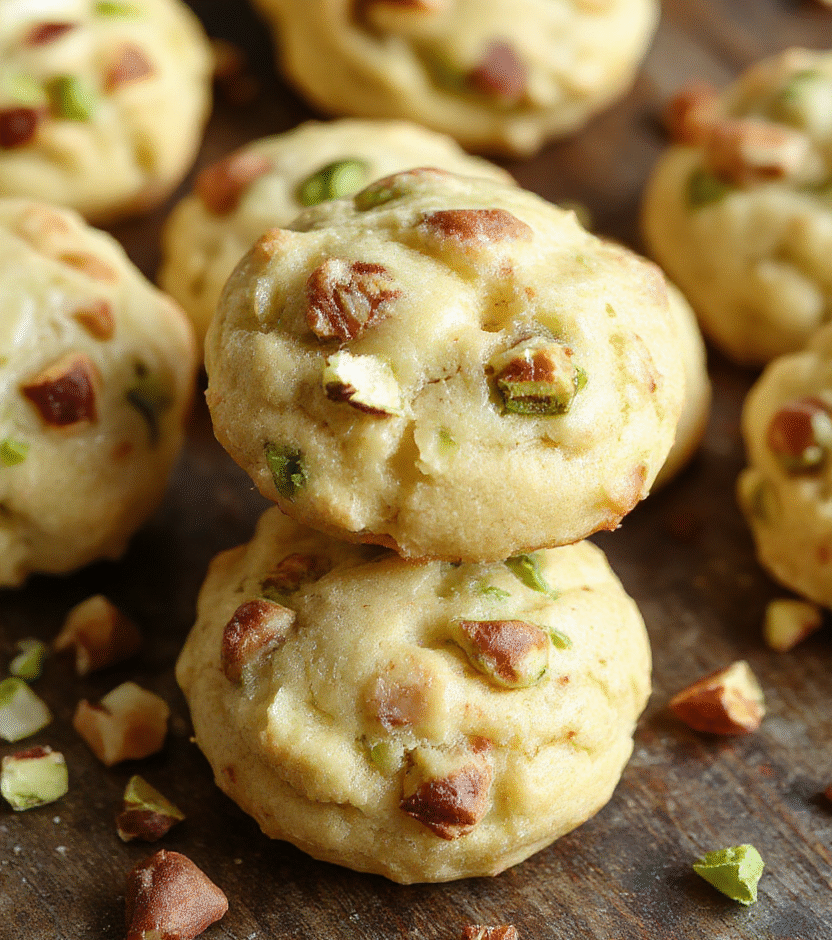 A plate of light green fluffy pistachio cookies with a delicate crumb texture, arranged on a white ceramic plate with a sprig of fresh pistachios and mint leaves, set on a rustic wooden table with soft natural lighting highlighting the cookies' airy appearance and subtle pistachio chunks.