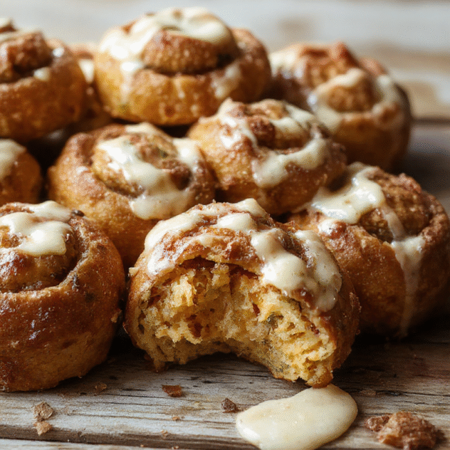 A stack of golden-brown fluffy pumpkin rolls topped with a light dusting of powdered sugar, arranged on a rustic wooden platter. The rolls have a soft, airy texture with swirls of pumpkin filling visible. Bright orange pumpkin color contrasts with the warm, inviting setting, styled with a few cinnamon sticks and fresh fall leaves in the background, evoking a cozy autumn atmosphere.