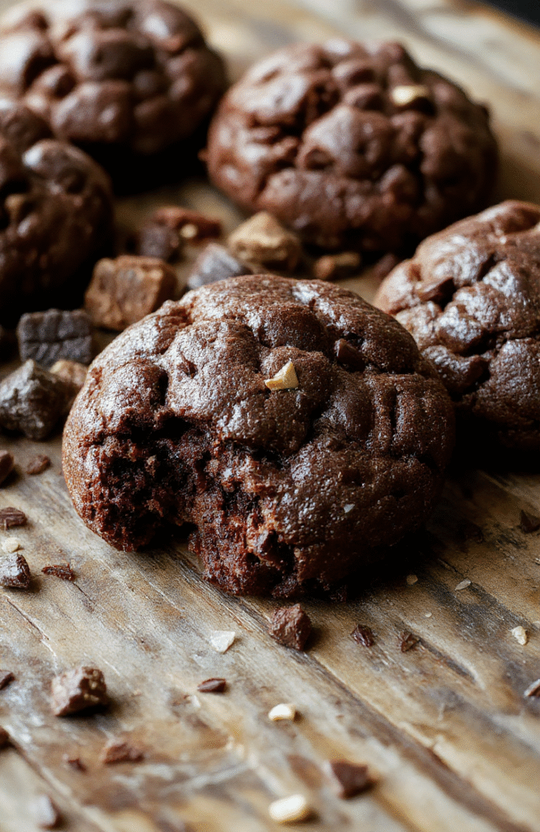 A close-up photo of fudgy chewy brownie cookies layered on a rustic wooden platter, showcasing their rich, glossy chocolate surface with cracks and a dense, fudgy interior visible. The cookies are sprinkled with a pinch of sea salt and garnished with a few scattered chocolate chunks. Soft natural daylight highlights their moist texture, while a blurred background emphasizes the inviting, decadent appeal.