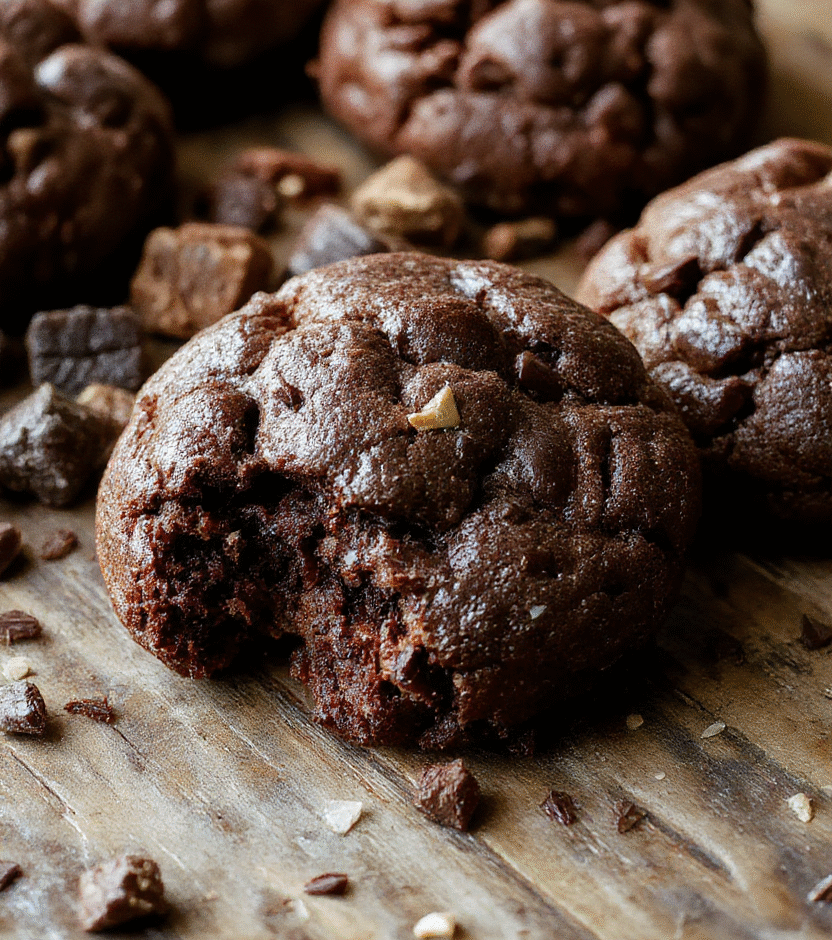 A close-up photo of fudgy chewy brownie cookies layered on a rustic wooden platter, showcasing their rich, glossy chocolate surface with cracks and a dense, fudgy interior visible. The cookies are sprinkled with a pinch of sea salt and garnished with a few scattered chocolate chunks. Soft natural daylight highlights their moist texture, while a blurred background emphasizes the inviting, decadent appeal.