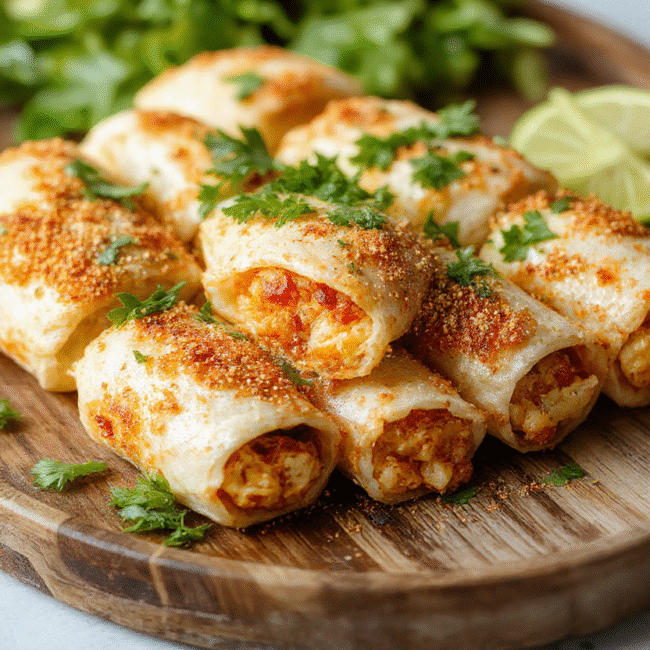 A vibrant plate of golden, crispy taquitos filled with savory ingredients, arranged neatly on a rustic wooden platter with garnishes of fresh cilantro and sliced lime, showcasing their crunchy texture and appealing golden-brown color.
