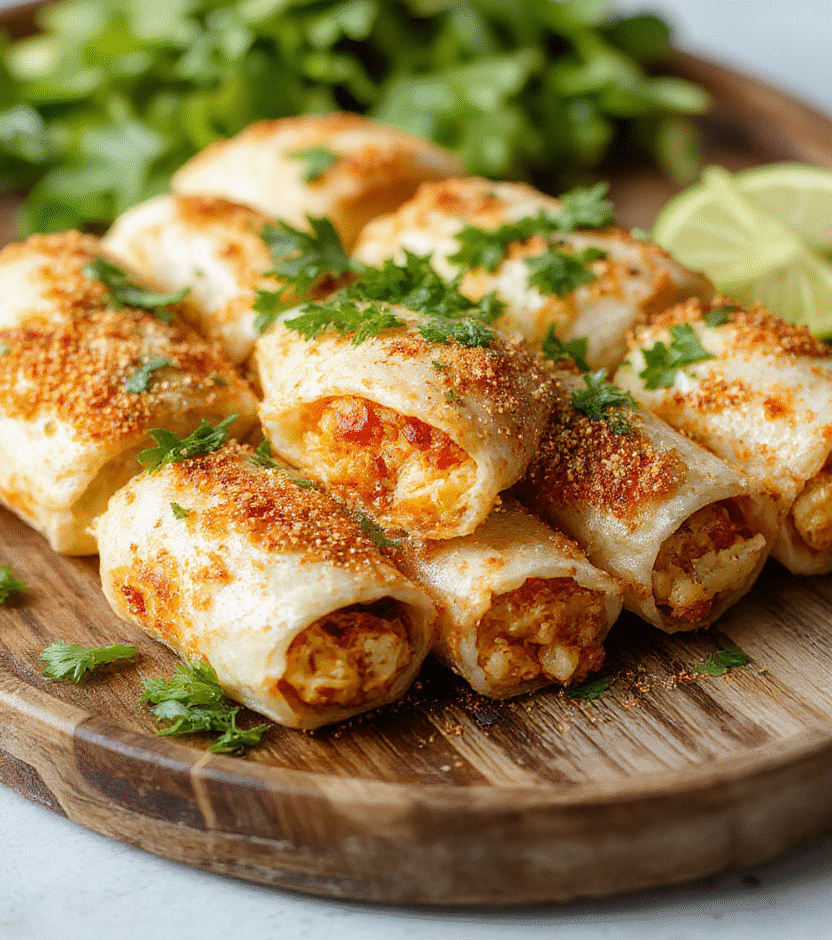 A vibrant plate of golden, crispy taquitos filled with savory ingredients, arranged neatly on a rustic wooden platter with garnishes of fresh cilantro and sliced lime, showcasing their crunchy texture and appealing golden-brown color.