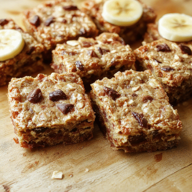 Colorful banana oatmeal bars arranged on a rustic wooden plate, showcasing a golden-brown crust with visible chunks of ripe banana and oats, styled with fresh banana slices and a light drizzle of honey for a wholesome, appetizing look.