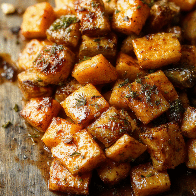 Colorful roasted sweet potatoes and carrots on a white ceramic plate, garnished with fresh herbs, with a rustic wooden background. The vegetables have crispy edges and tender insides, showcasing vibrant orange and golden hues, styled simply for a cozy and healthy vibe.