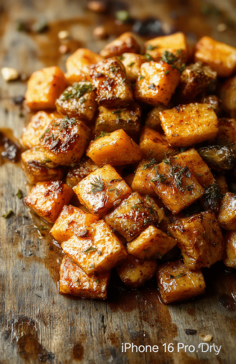 Colorful roasted sweet potatoes and carrots on a white ceramic plate, garnished with fresh herbs, with a rustic wooden background. The vegetables have crispy edges and tender insides, showcasing vibrant orange and golden hues, styled simply for a cozy and healthy vibe.