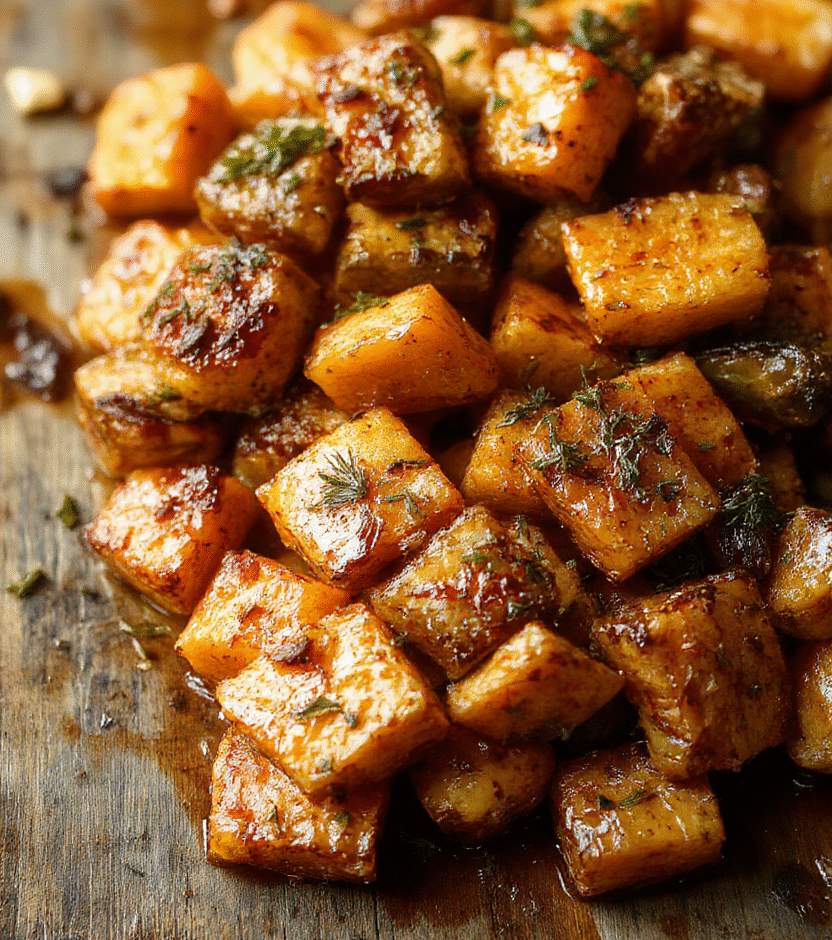 Colorful roasted sweet potatoes and carrots on a white ceramic plate, garnished with fresh herbs, with a rustic wooden background. The vegetables have crispy edges and tender insides, showcasing vibrant orange and golden hues, styled simply for a cozy and healthy vibe.