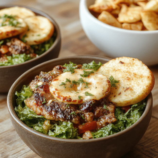 A vibrant plate of burger bowls featuring ground beef, fresh lettuce, cherry tomatoes, shredded cheese, and sesame seeds on a rustic wooden table, styled with colorful ingredients, with a blurred background showcasing a cozy kitchen environment.