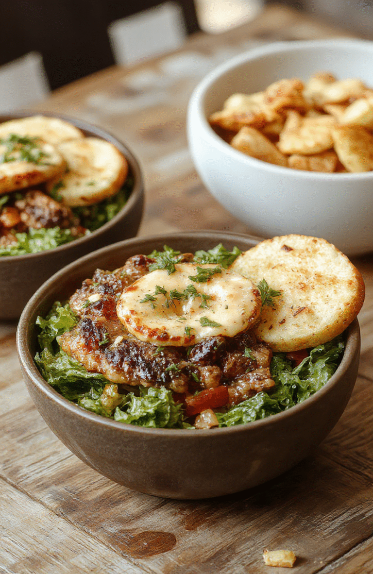 A vibrant plate of burger bowls featuring ground beef, fresh lettuce, cherry tomatoes, shredded cheese, and sesame seeds on a rustic wooden table, styled with colorful ingredients, with a blurred background showcasing a cozy kitchen environment.