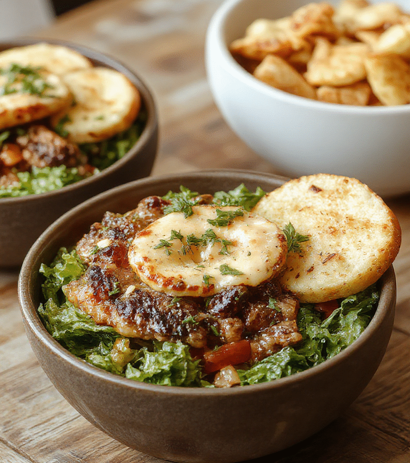 A vibrant plate of burger bowls featuring ground beef, fresh lettuce, cherry tomatoes, shredded cheese, and sesame seeds on a rustic wooden table, styled with colorful ingredients, with a blurred background showcasing a cozy kitchen environment.