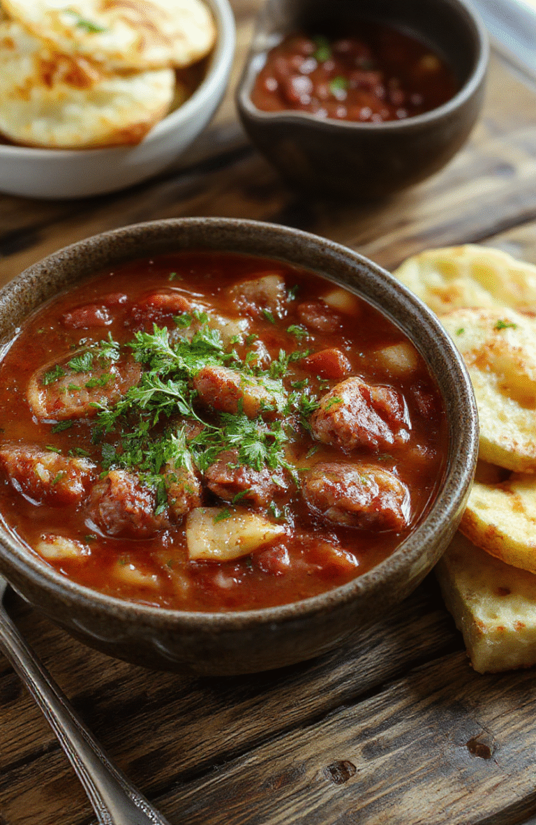 A vibrant bowl of hearty kielbasa soup featuring sliced kielbasa sausages, colorful vegetables, and herbs, with steam rising, presented on a rustic wooden table styled simply yet inviting.