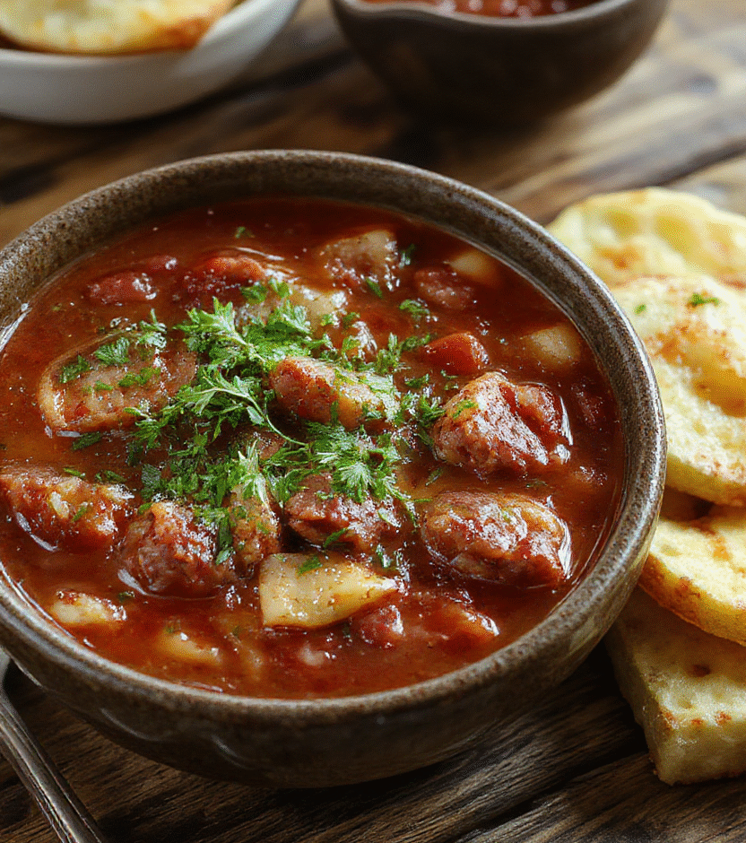 A vibrant bowl of hearty kielbasa soup featuring sliced kielbasa sausages, colorful vegetables, and herbs, with steam rising, presented on a rustic wooden table styled simply yet inviting.