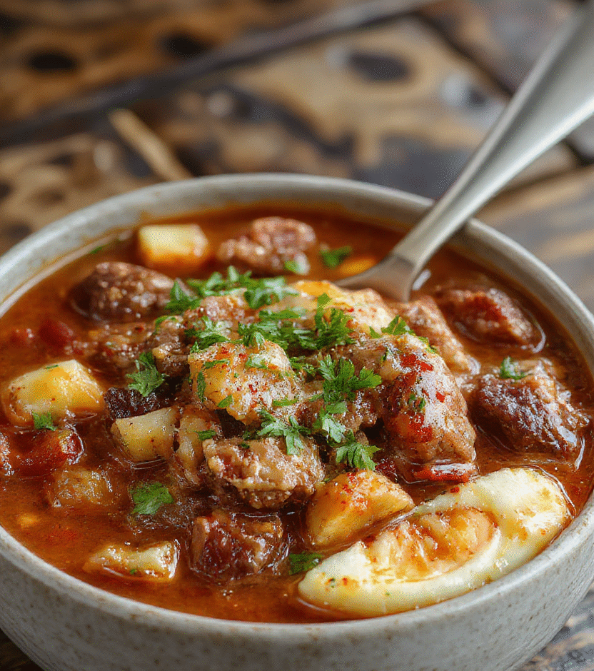 A vibrant bowl of cowboy stew featuring chunks of beef, beans, corn, and potatoes, garnished with fresh herbs. The rustic stew is served in a deep ceramic bowl with a wooden spoon resting beside it, showcasing rich, hearty textures and warm colors in a cozy setting.