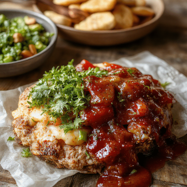 A beautifully plated classic comfort food dish featuring golden-brown edges, creamy textures, and vibrant garnishes, presented on a rustic wooden table with warm lighting