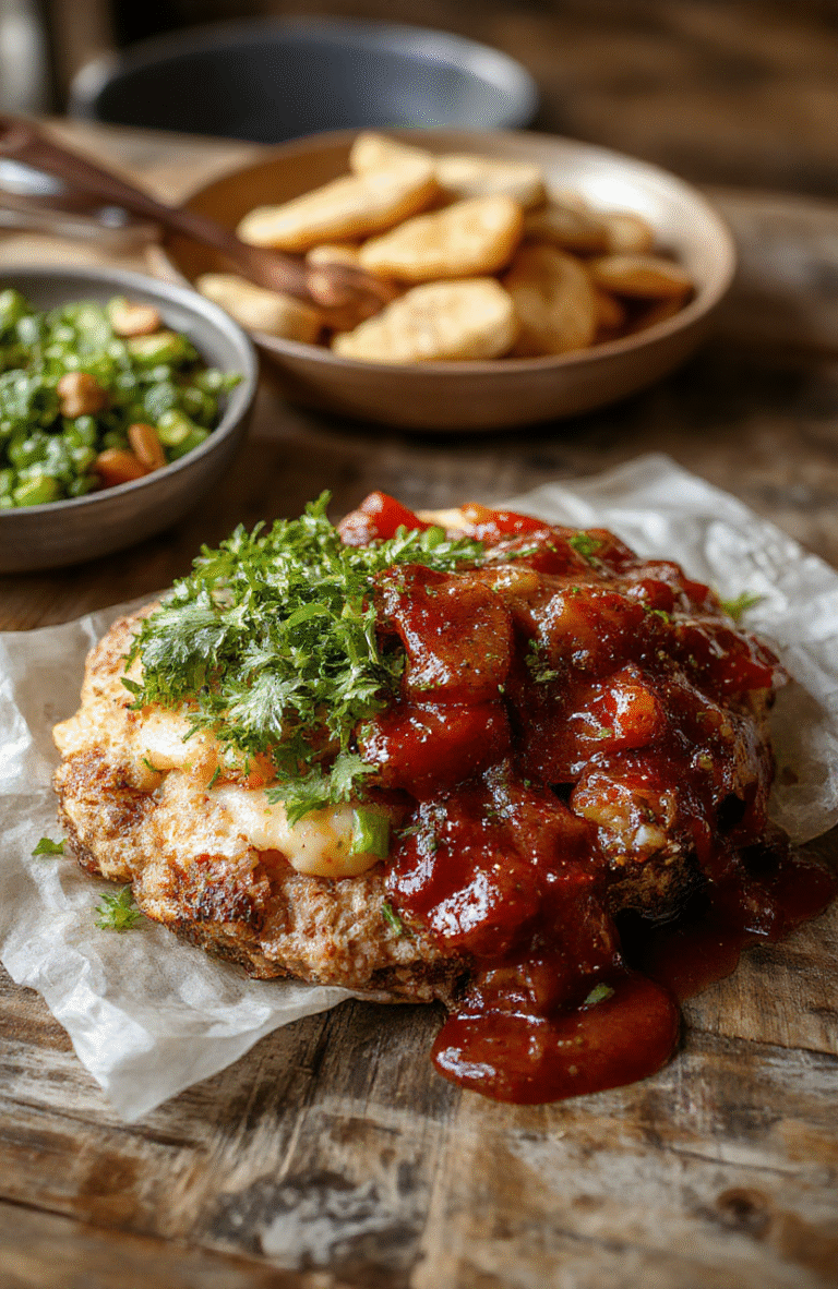 A beautifully plated classic comfort food dish featuring golden-brown edges, creamy textures, and vibrant garnishes, presented on a rustic wooden table with warm lighting