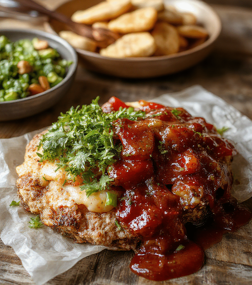 A beautifully plated classic comfort food dish featuring golden-brown edges, creamy textures, and vibrant garnishes, presented on a rustic wooden table with warm lighting