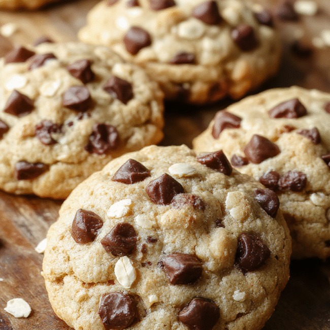 A close-up of golden brown cowboy cookies with chocolate chips and oats on a rustic wooden surface. The cookies are textured and slightly cracked, showcasing their melt-in-your-mouth appeal, with some broken pieces revealing a gooey chocolate interior. Soft natural light highlights their chewy texture and inviting appearance.