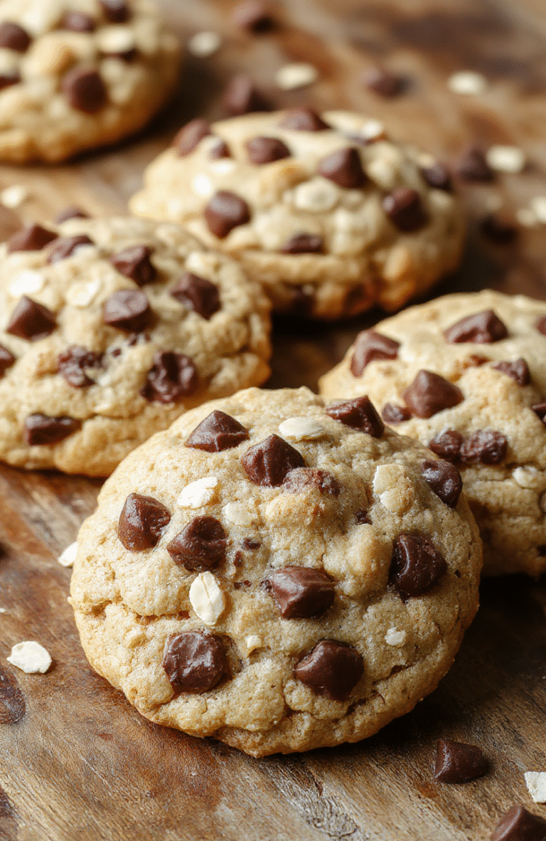 A close-up of golden brown cowboy cookies with chocolate chips and oats on a rustic wooden surface. The cookies are textured and slightly cracked, showcasing their melt-in-your-mouth appeal, with some broken pieces revealing a gooey chocolate interior. Soft natural light highlights their chewy texture and inviting appearance.