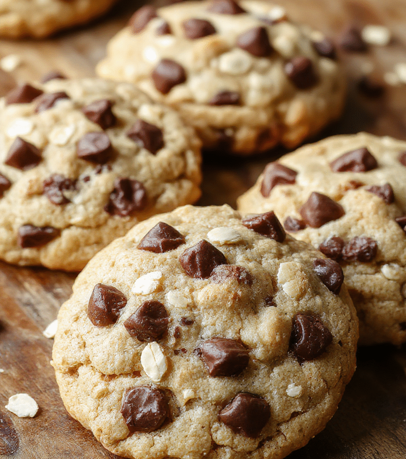 A close-up of golden brown cowboy cookies with chocolate chips and oats on a rustic wooden surface. The cookies are textured and slightly cracked, showcasing their melt-in-your-mouth appeal, with some broken pieces revealing a gooey chocolate interior. Soft natural light highlights their chewy texture and inviting appearance.