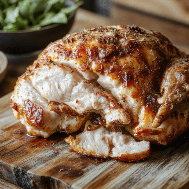 A golden browned roast turkey resting on a rustic wooden platter, garnished with fresh herbs and lemon slices. The turkey skin is crispy and glistening, with tender, juicy meat visible through attractive carving. The presentation is warm and inviting, perfect for holiday celebrations, styled simply with a natural setting and soft lighting to evoke a festive yet cozy atmosphere.