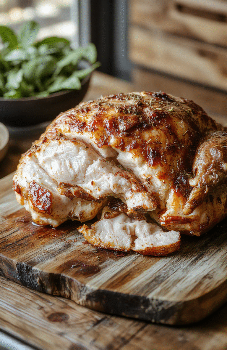 A golden browned roast turkey resting on a rustic wooden platter, garnished with fresh herbs and lemon slices. The turkey skin is crispy and glistening, with tender, juicy meat visible through attractive carving. The presentation is warm and inviting, perfect for holiday celebrations, styled simply with a natural setting and soft lighting to evoke a festive yet cozy atmosphere.