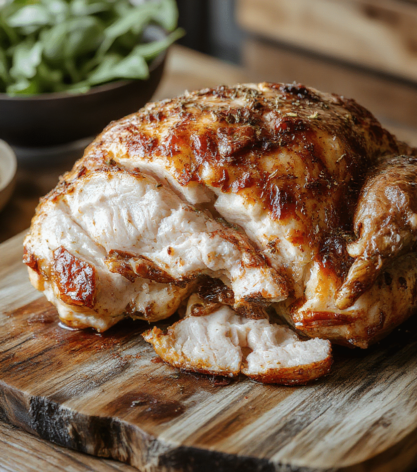 A golden browned roast turkey resting on a rustic wooden platter, garnished with fresh herbs and lemon slices. The turkey skin is crispy and glistening, with tender, juicy meat visible through attractive carving. The presentation is warm and inviting, perfect for holiday celebrations, styled simply with a natural setting and soft lighting to evoke a festive yet cozy atmosphere.