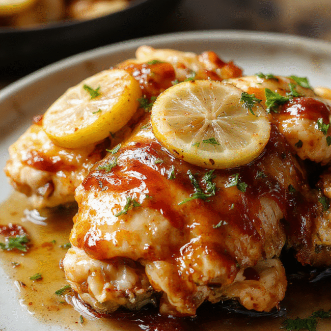 A vibrant plate of lemon honey glazed chicken featuring golden-brown chicken breasts drizzled with a glossy lemon honey glaze, garnished with fresh thyme and lemon slices, served with a side of colorful roasted vegetables on a rustic ceramic plate, styled with natural light emphasizing the juicy textures and fresh ingredients.