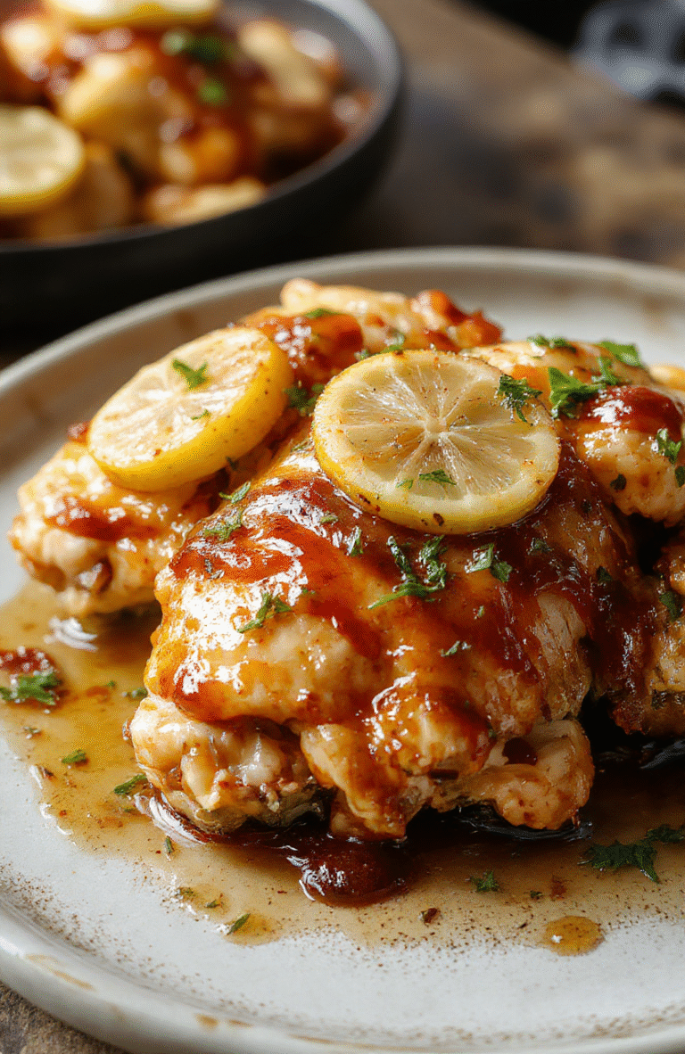 A vibrant plate of lemon honey glazed chicken featuring golden-brown chicken breasts drizzled with a glossy lemon honey glaze, garnished with fresh thyme and lemon slices, served with a side of colorful roasted vegetables on a rustic ceramic plate, styled with natural light emphasizing the juicy textures and fresh ingredients.