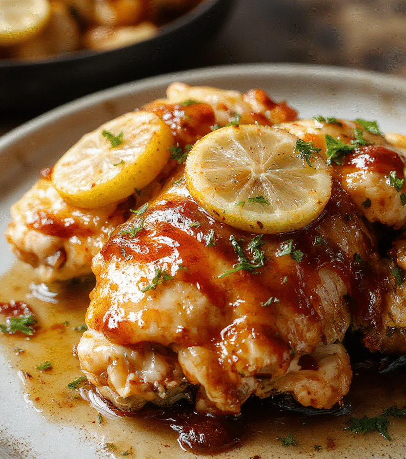 A vibrant plate of lemon honey glazed chicken featuring golden-brown chicken breasts drizzled with a glossy lemon honey glaze, garnished with fresh thyme and lemon slices, served with a side of colorful roasted vegetables on a rustic ceramic plate, styled with natural light emphasizing the juicy textures and fresh ingredients.