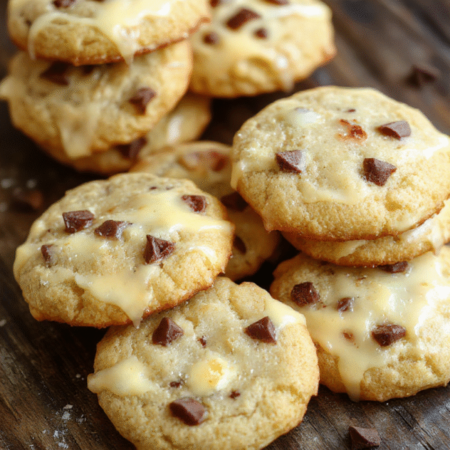 Golden brown Butterbeer Cookies arranged on a decorative plate with a drizzle of caramel, topped with whipped cream and a sprinkle of cinnamon, showcasing their soft texture and caramel notes, styled with a rustic wooden background and warm ambient lighting.