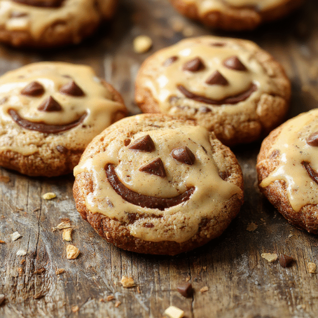 Colorful jack-o'-lantern shaped cookies with vibrant orange and black icing, filled with creamy milk chocolate, arranged on a festive Halloween platter with a blurred background of autumn leaves and candlelight