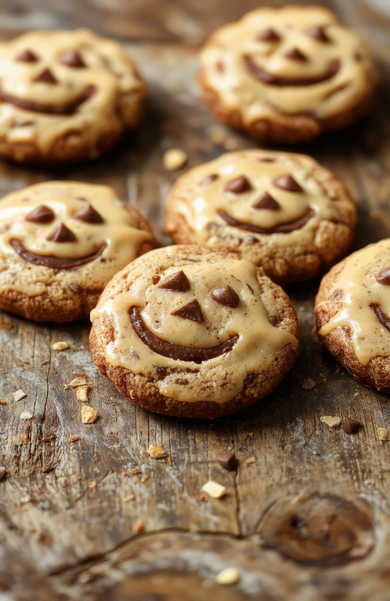 Colorful jack-o'-lantern shaped cookies with vibrant orange and black icing, filled with creamy milk chocolate, arranged on a festive Halloween platter with a blurred background of autumn leaves and candlelight