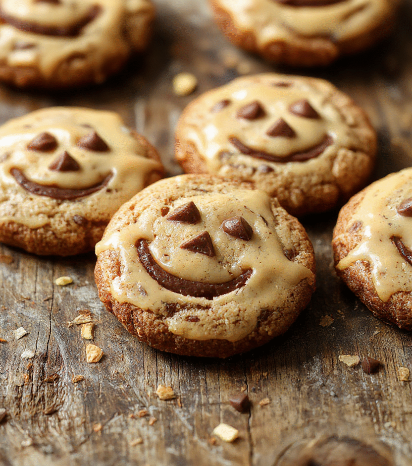 Colorful jack-o'-lantern shaped cookies with vibrant orange and black icing, filled with creamy milk chocolate, arranged on a festive Halloween platter with a blurred background of autumn leaves and candlelight