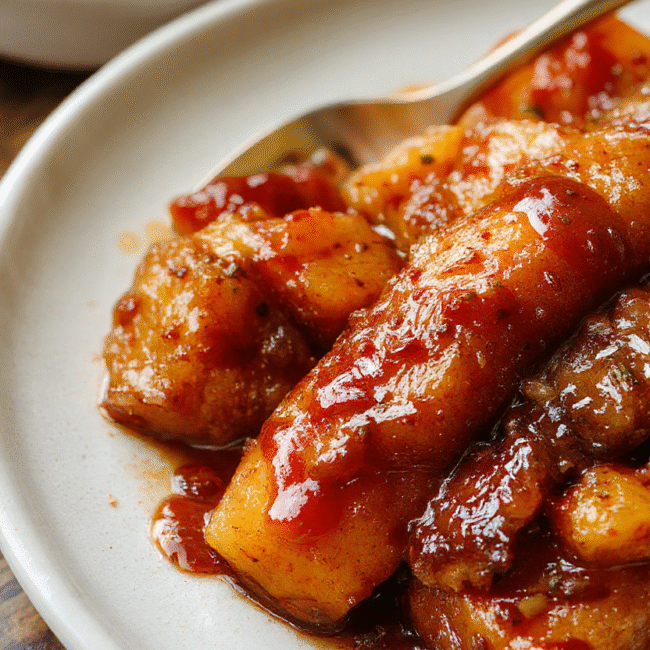 A vibrant dish of golden-brown candied yams glazed with rich caramel sauce, arranged on a rustic white ceramic plate with a drizzle of caramel, surrounded by a softly blurred wooden table, warm lighting highlighting the glossy surface and tender texture of the yams