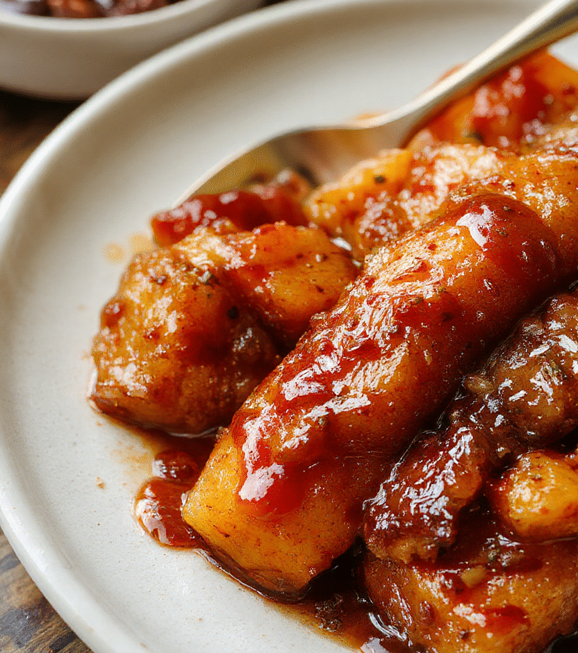 A vibrant dish of golden-brown candied yams glazed with rich caramel sauce, arranged on a rustic white ceramic plate with a drizzle of caramel, surrounded by a softly blurred wooden table, warm lighting highlighting the glossy surface and tender texture of the yams