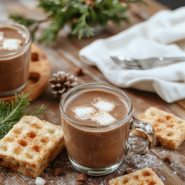 An inviting hot chocolate station featuring a variety of rich, creamy hot chocolates in clear glass mugs. Colorful toppings like whipped cream, marshmallows, and chocolate shavings adorn the drinks. The setup is on a rustic wooden table with festive decorations in the background, creating a cozy and inviting atmosphere. Textured cocoa and vibrant toppings contrast beautifully against the smooth drinks, styled for a festive party.
