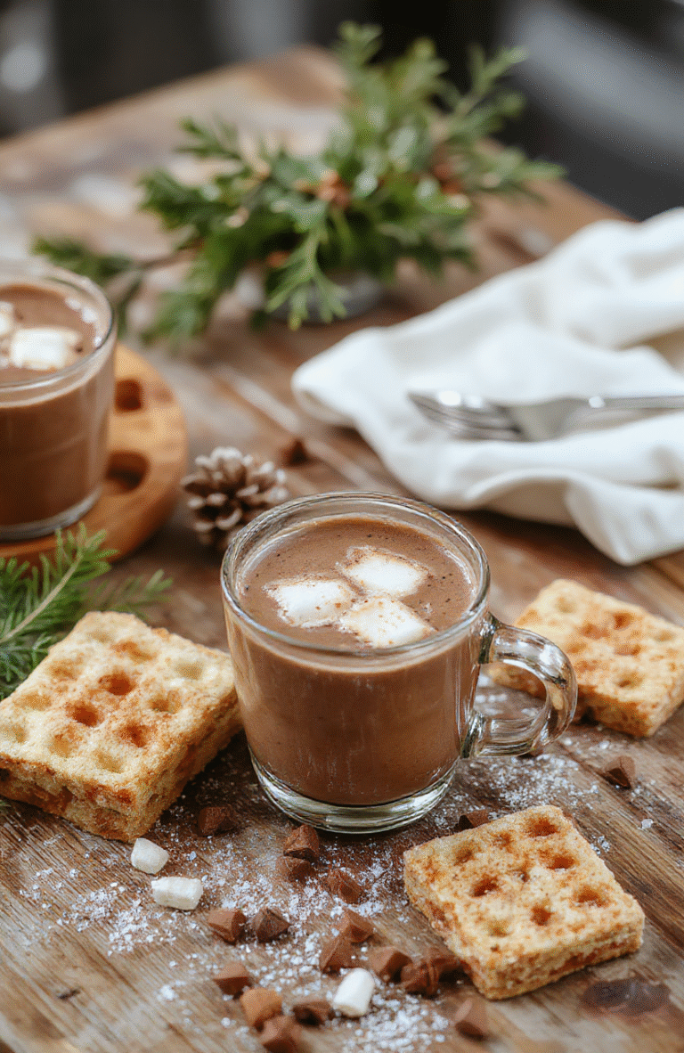 An inviting hot chocolate station featuring a variety of rich, creamy hot chocolates in clear glass mugs. Colorful toppings like whipped cream, marshmallows, and chocolate shavings adorn the drinks. The setup is on a rustic wooden table with festive decorations in the background, creating a cozy and inviting atmosphere. Textured cocoa and vibrant toppings contrast beautifully against the smooth drinks, styled for a festive party.