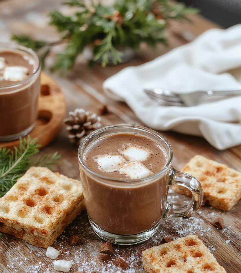 An inviting hot chocolate station featuring a variety of rich, creamy hot chocolates in clear glass mugs. Colorful toppings like whipped cream, marshmallows, and chocolate shavings adorn the drinks. The setup is on a rustic wooden table with festive decorations in the background, creating a cozy and inviting atmosphere. Textured cocoa and vibrant toppings contrast beautifully against the smooth drinks, styled for a festive party.