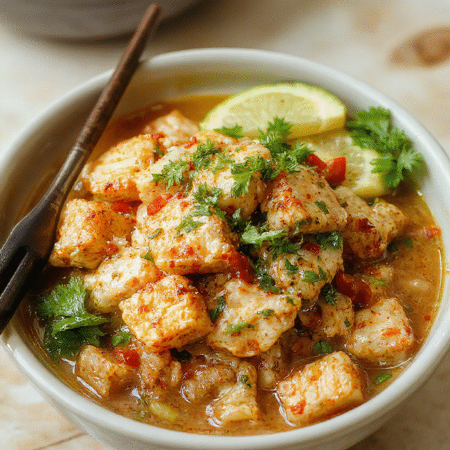 A vibrant plate of chicken ramen stir fry featuring tender chicken strips, colorful vegetables, and glossy noodles garnished with green onions on a rustic wooden table.