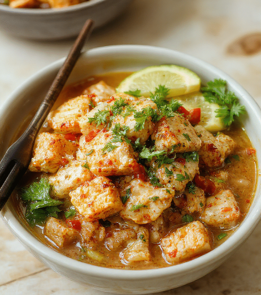 A vibrant plate of chicken ramen stir fry featuring tender chicken strips, colorful vegetables, and glossy noodles garnished with green onions on a rustic wooden table.