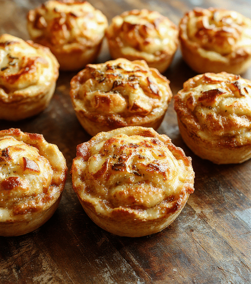 A vibrant plate of mini apple pies with golden-brown crusts, topped with a dusting of powdered sugar and a drizzle of caramel sauce, arranged on a rustic wooden table with fresh apple slices and cinnamon sticks in the background, capturing a warm and inviting dessert scene.