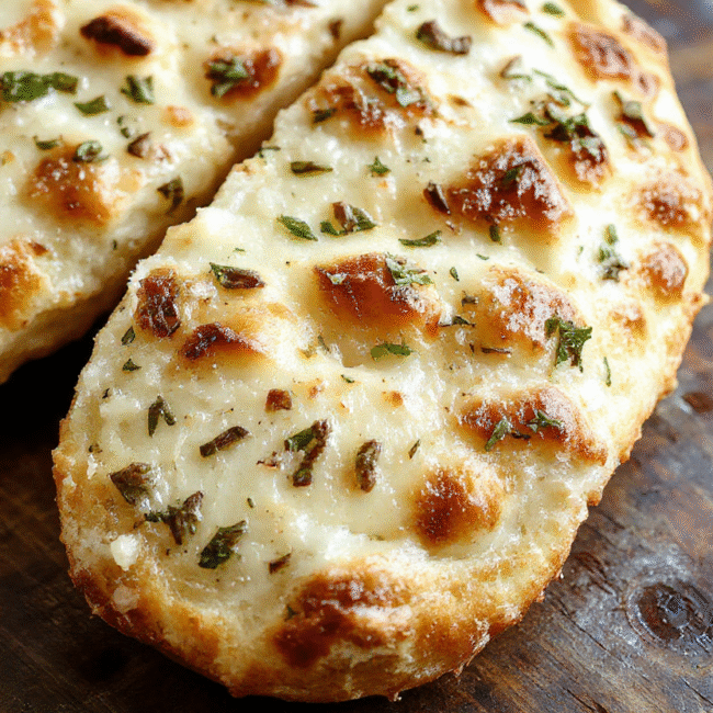 A golden-brown garlic focaccia bread topped with fresh herbs and drizzled with olive oil, styled on a rustic wooden board with a soft-focus background, highlighting its airy texture and herb garnish.