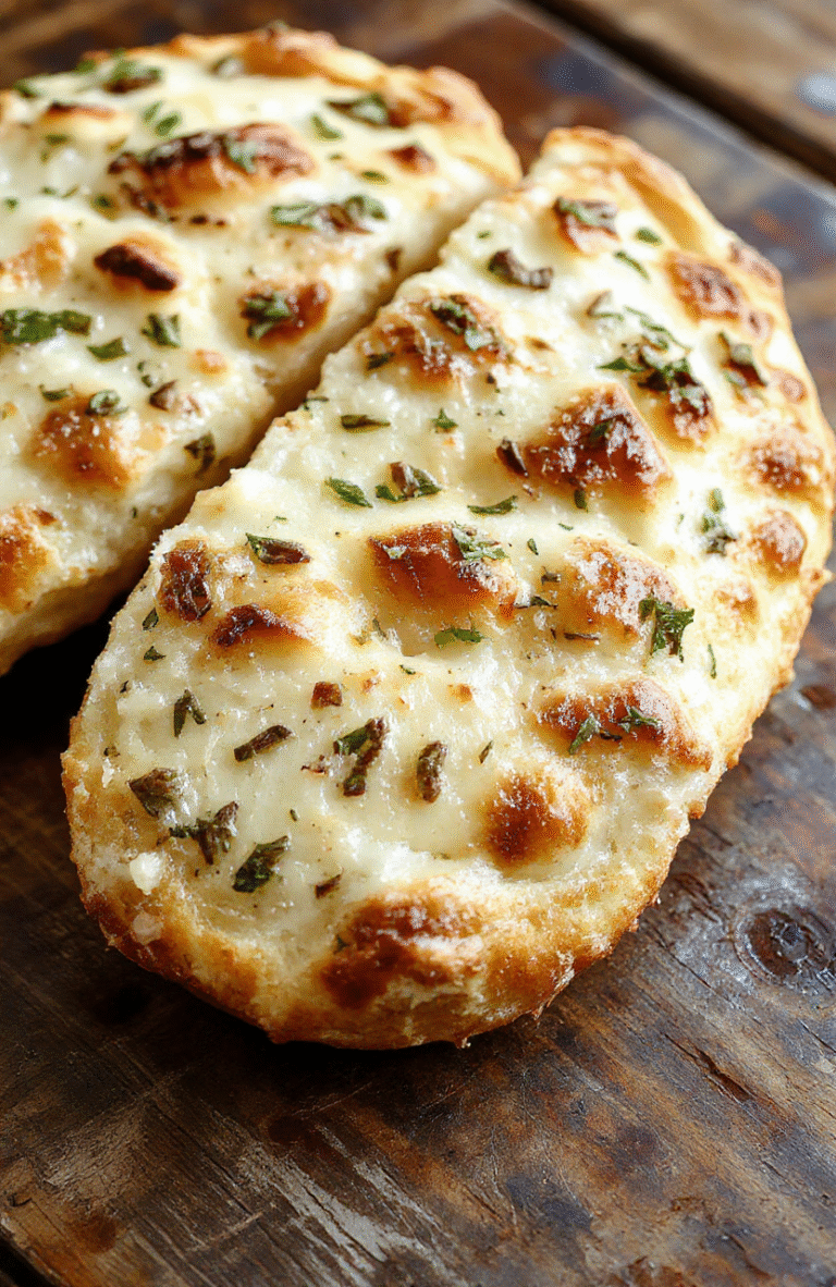 A golden-brown garlic focaccia bread topped with fresh herbs and drizzled with olive oil, styled on a rustic wooden board with a soft-focus background, highlighting its airy texture and herb garnish.