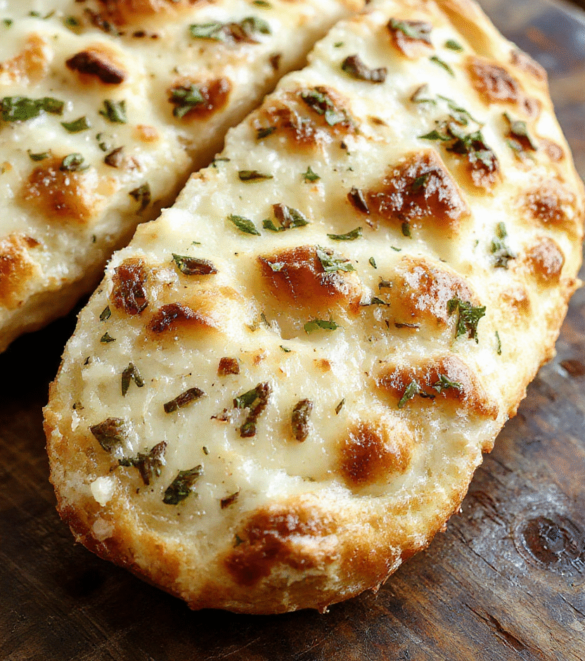 A golden-brown garlic focaccia bread topped with fresh herbs and drizzled with olive oil, styled on a rustic wooden board with a soft-focus background, highlighting its airy texture and herb garnish.