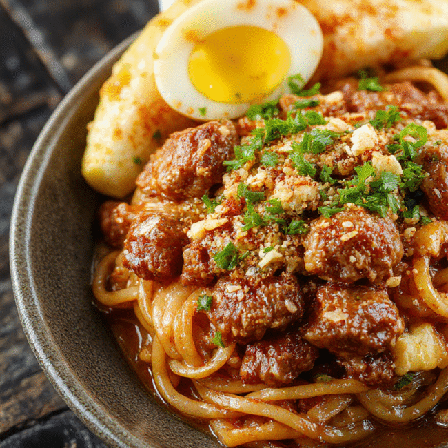A vibrant plate of Mongolian ground beef noodles featuring glossy, flavorful beef and al dente noodles garnished with chopped green onions, served on a rustic dark wooden table with a side of fresh vegetables, capturing a colorful and appetizing presentation with textures of tender meat and chewy noodles.
