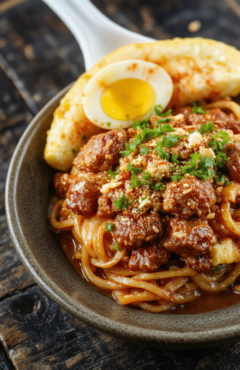 A vibrant plate of Mongolian ground beef noodles featuring glossy, flavorful beef and al dente noodles garnished with chopped green onions, served on a rustic dark wooden table with a side of fresh vegetables, capturing a colorful and appetizing presentation with textures of tender meat and chewy noodles.