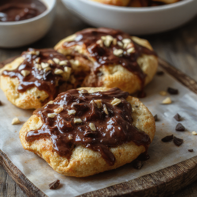A golden-brown Nutella toast pie with a flaky crust, drizzled with extra Nutella and powdered sugar, on a rustic wooden surface, garnished with a sprig of mint, with a soft-focus background that emphasizes the crispy texture and creamy filling.