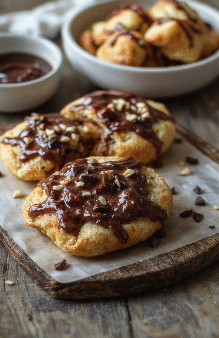 A golden-brown Nutella toast pie with a flaky crust, drizzled with extra Nutella and powdered sugar, on a rustic wooden surface, garnished with a sprig of mint, with a soft-focus background that emphasizes the crispy texture and creamy filling.