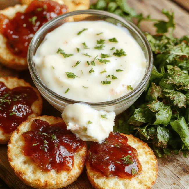 A vibrant plate featuring bite-sized cream cheese cubes topped with glossy, bright red pepper jelly and garnished with chopped herbs, arranged on a stylish white platter. The scene highlights smooth textures of cheese, the shiny, translucent pepper jelly, and fresh green herbs, with natural daylight illuminating the vivid colors and inviting textures, styled with a rustic wooden background for a warm, welcoming vibe.