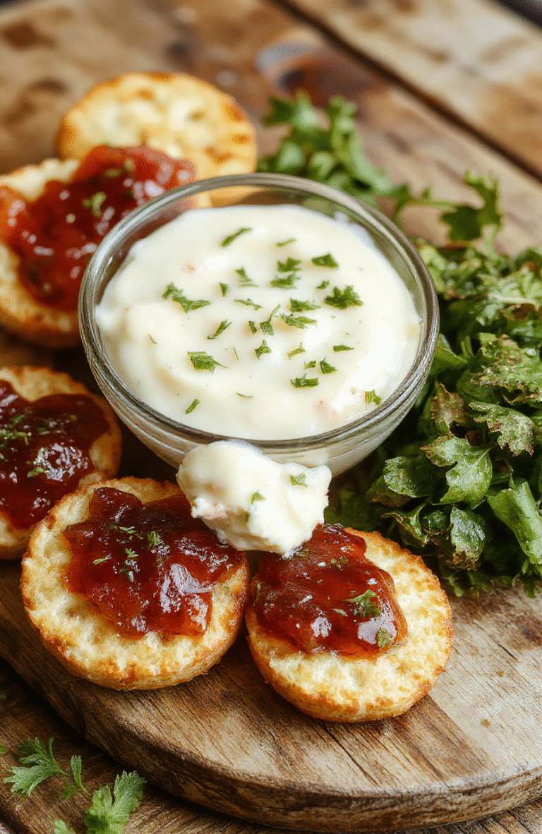 A vibrant plate featuring bite-sized cream cheese cubes topped with glossy, bright red pepper jelly and garnished with chopped herbs, arranged on a stylish white platter. The scene highlights smooth textures of cheese, the shiny, translucent pepper jelly, and fresh green herbs, with natural daylight illuminating the vivid colors and inviting textures, styled with a rustic wooden background for a warm, welcoming vibe.